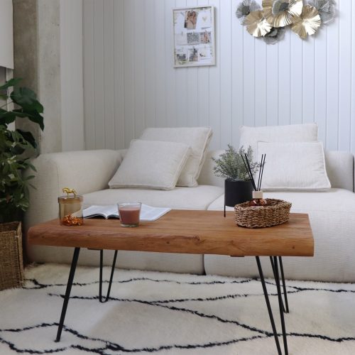 table basse en bois de teck massif et jambe épingle 100cm