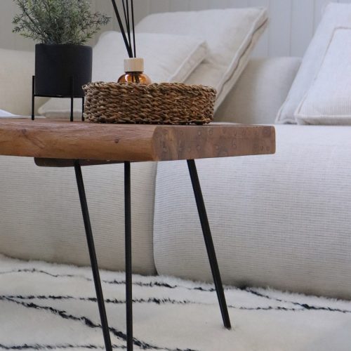 table basse en bois de teck massif recyclé et jambe épingle 100cm bali