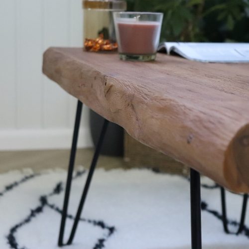 table basse en bois de teck massif recyclé marron et jambe épingle 100cm