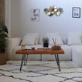 table basse en bois de teck massif recyclé et jambe épingle 100cm