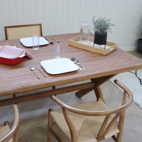 table de salle a manger en bois massif de teck recyclé 200cm 6 places 8 places pied en croix