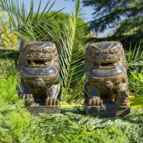 Paire de 2 lions chien Fu en pierre naturelle noir antique DUO FACE