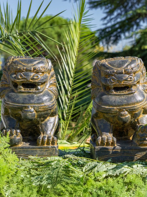 Paire de 2 lions chien Fu en pierre naturelle noir antique DUO FACE