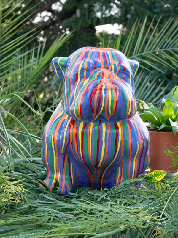 Statue buldog bleu multicolore en pierre reconstituée 41cm face